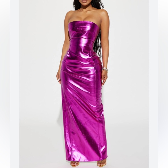 Metallic Maxi Dress Strapless Bodycon Magenta Pink Tube Gown Womens S NWT Party - Picture 2 of 7